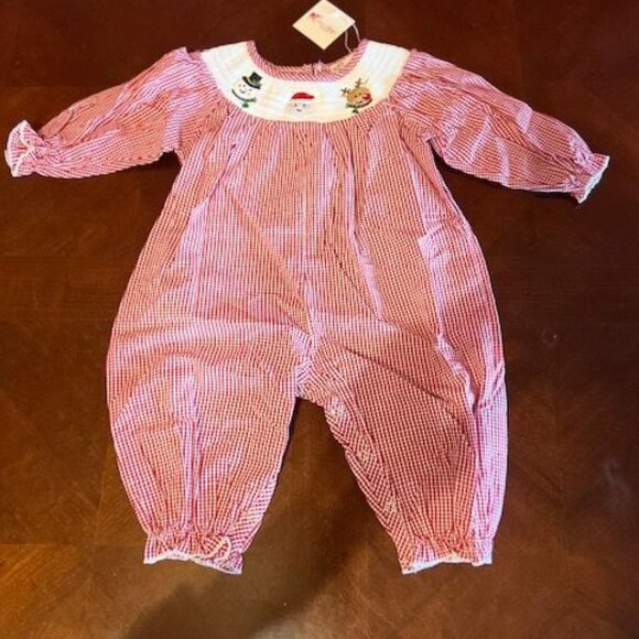 Red Gingham Baby Romper With Christmas Embroidery santa snowman,‎ reindeer - Picture 1 of 8